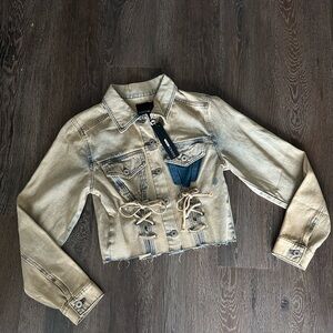 Fashion Nova Beige Lace-Up Jean Jacket